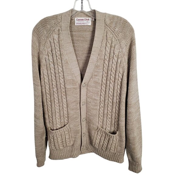 Vintage Career Club Size L Cardigan Grandpa Cable Knit Button Up  V neck Pockets - Picture 2 of 9
